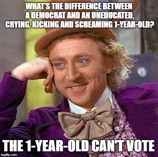 Creepy Condescending Wonka | WHAT'S THE DIFFERENCE BETWEEN A DEMOCRAT AND AN UNEDUCATED, CRYING, KICKING AND SCREAMING 1-YEAR-OLD? THE 1-YEAR-OLD CAN'T VOTE | image tagged in memes,creepy condescending wonka | made w/ Imgflip meme maker