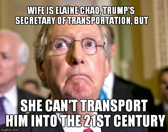 In His Day, The Secretary Of Transportation Was A Mare | WIFE IS ELAINE CHAO, TRUMP'S SECRETARY OF TRANSPORTATION, BUT; SHE CAN'T TRANSPORT HIM INTO THE 21ST CENTURY | image tagged in mitch mcconnell | made w/ Imgflip meme maker