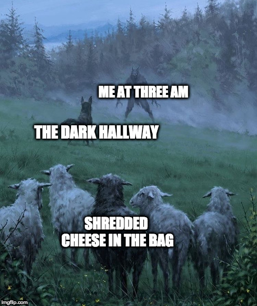 Even more shredded cheese memes | ME AT THREE AM; THE DARK HALLWAY; SHREDDED CHEESE IN THE BAG | image tagged in shredded cheese,memes,sheep,wolf | made w/ Imgflip meme maker