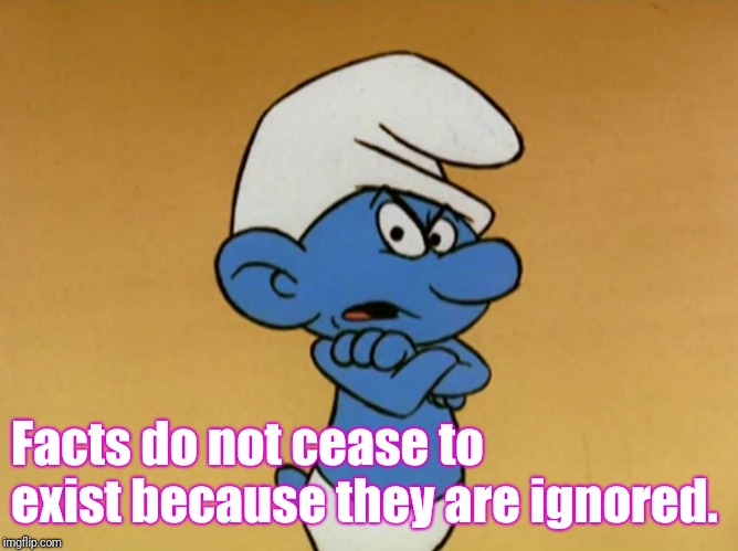 Grouchy Smurf | Facts do not cease to exist because they are ignored. | image tagged in grouchy smurf | made w/ Imgflip meme maker