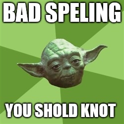 Advice Yoda Meme | BAD SPELING; YOU SHOLD KNOT | image tagged in memes,advice yoda | made w/ Imgflip meme maker