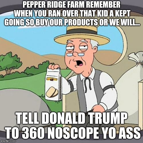 Pepperidge Farm Remembers Meme | PEPPER RIDGE FARM REMEMBER WHEN YOU RAN OVER THAT KID A KEPT GOING SO BUY OUR PRODUCTS OR WE WILL... TELL DONALD TRUMP TO 360 NOSCOPE YO ASS | image tagged in memes,pepperidge farm remembers | made w/ Imgflip meme maker