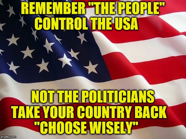 American flag | REMEMBER "THE PEOPLE" CONTROL THE USA; NOT THE POLITICIANS TAKE YOUR COUNTRY BACK         "CHOOSE WISELY" | image tagged in american flag | made w/ Imgflip meme maker