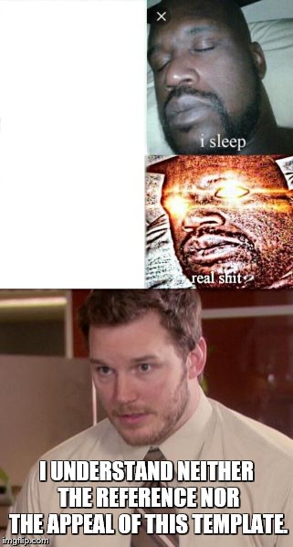 I don't get this one | I UNDERSTAND NEITHER THE REFERENCE NOR THE APPEAL OF THIS TEMPLATE. | image tagged in memes,sleeping shaq,afraid to ask andy,afraid to ask andy closeup | made w/ Imgflip meme maker