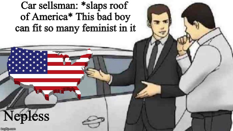 Am I cool yet? | Car sellsman: *slaps roof of America* This bad boy can fit so many feminist in it; Nepless | image tagged in memes,car salesman slaps roof of car,funny,america,feminist,car salesman | made w/ Imgflip meme maker