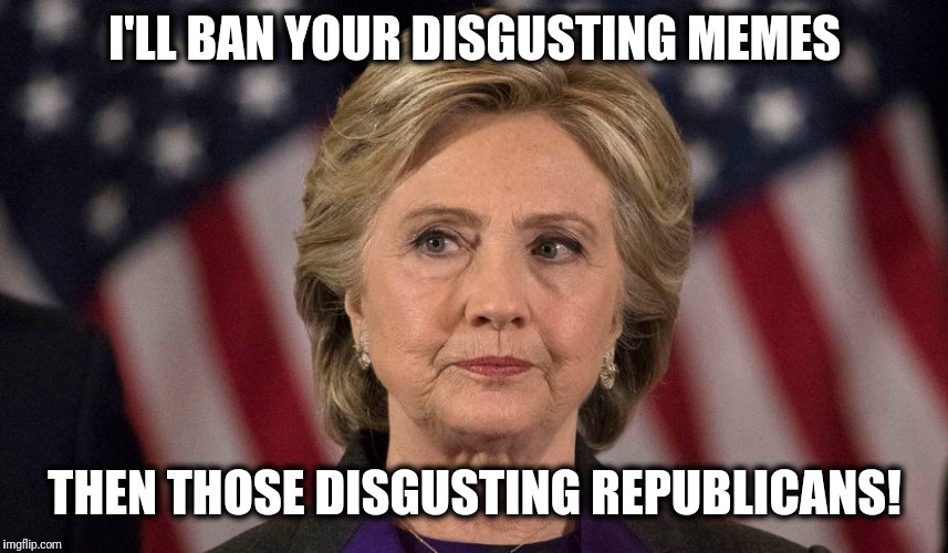 And she'll do it, as soon as she can! | I'LL BAN YOUR DISGUSTING MEMES; THEN THOSE DISGUSTING REPUBLICANS! | image tagged in memes,hillary,ban memes | made w/ Imgflip meme maker