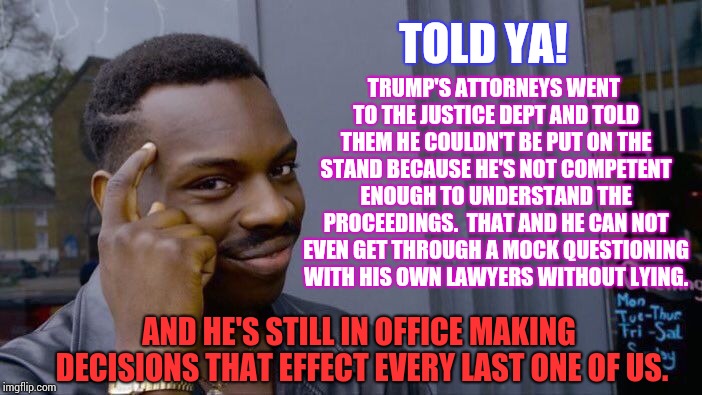 Trump At Least Taught Us What A Traitor Looks Like. | TOLD YA! TRUMP'S ATTORNEYS WENT TO THE JUSTICE DEPT AND TOLD THEM HE COULDN'T BE PUT ON THE STAND BECAUSE HE'S NOT COMPETENT ENOUGH TO UNDER | image tagged in memes,roll safe think about it,meme,government corruption,ignorant,president cheeto | made w/ Imgflip meme maker