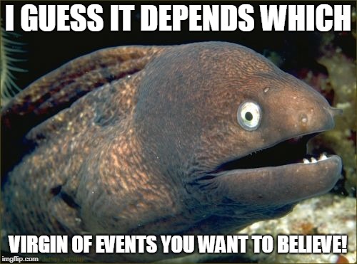 Bad Joke Eel Meme | I GUESS IT DEPENDS WHICH VIRGIN OF EVENTS YOU WANT TO BELIEVE! | image tagged in memes,bad joke eel | made w/ Imgflip meme maker