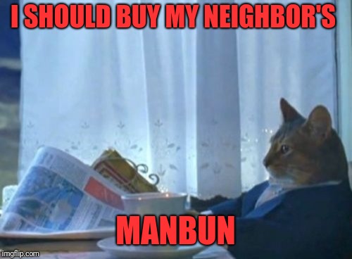 I Should Buy A Boat Cat Meme | I SHOULD BUY MY NEIGHBOR'S; MANBUN | image tagged in memes,i should buy a boat cat | made w/ Imgflip meme maker