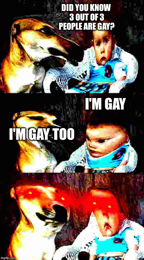 Everyone's a little bi... |  DID YOU KNOW 3 OUT OF 3 PEOPLE ARE GAY? I'M GAY; I'M GAY TOO | image tagged in deepfried dad joke dog,gay,funny | made w/ Imgflip meme maker