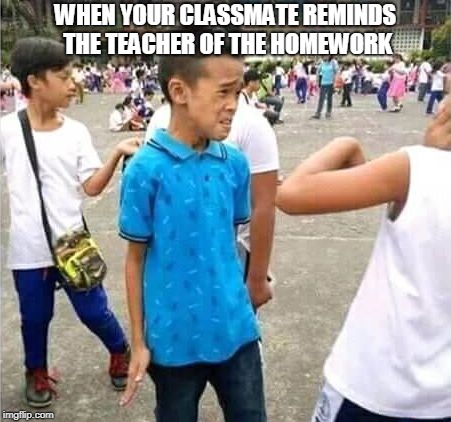 Angry kid | WHEN YOUR CLASSMATE REMINDS THE TEACHER OF THE HOMEWORK | image tagged in angry kid,kid getting angry | made w/ Imgflip meme maker