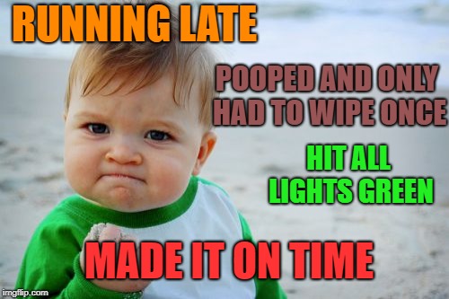 Going to buy me some lottery tix today | RUNNING LATE; POOPED AND ONLY HAD TO WIPE ONCE; HIT ALL LIGHTS GREEN; MADE IT ON TIME | image tagged in memes,success kid original | made w/ Imgflip meme maker