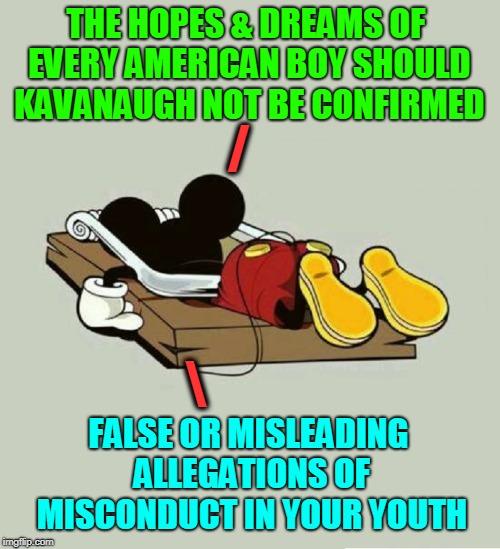 Caught in the Trap of Gender War | THE HOPES & DREAMS OF EVERY AMERICAN BOY SHOULD KAVANAUGH NOT BE CONFIRMED; /; \; FALSE OR MISLEADING ALLEGATIONS OF MISCONDUCT IN YOUR YOUTH | image tagged in vince vance,false allegations,mickey mouse,caught in a trap,brett kavanaugh,senate hearings | made w/ Imgflip meme maker