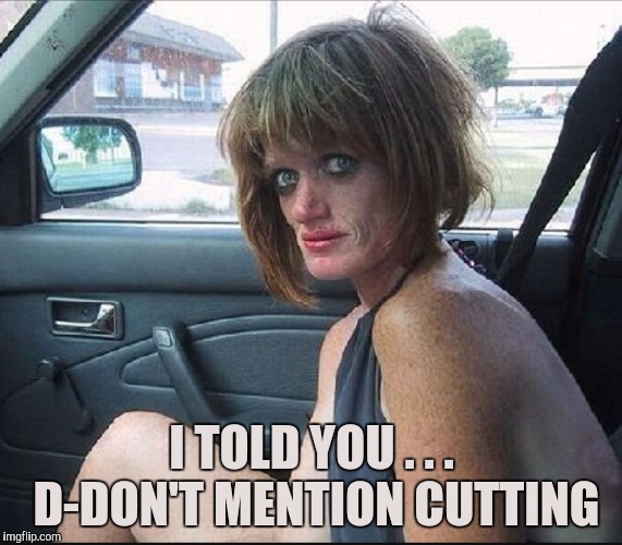 crack whore hooker | I TOLD YOU . . . D-DON'T MENTION CUTTING | image tagged in crack whore hooker | made w/ Imgflip meme maker