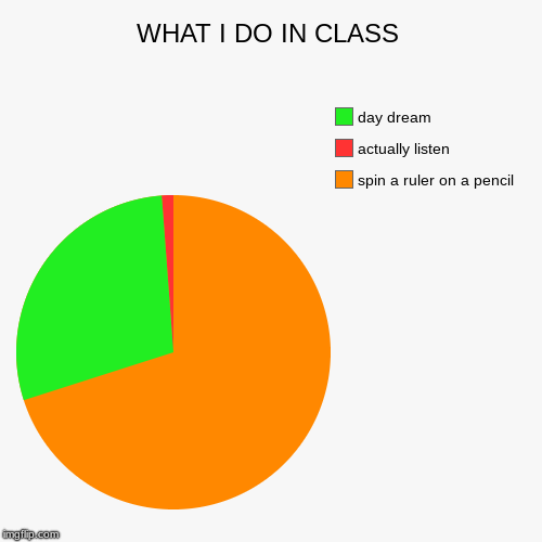 WHAT I DO IN CLASS | spin a ruler on a pencil, actually listen, day dream | image tagged in funny,pie charts | made w/ Imgflip chart maker