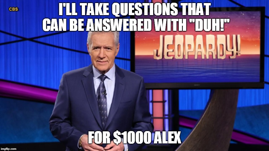 Questions that can be answered for 1000, Alex | I'LL TAKE QUESTIONS THAT CAN BE ANSWERED WITH "DUH!"; FOR $1000 ALEX | image tagged in trebec,captain obvious | made w/ Imgflip meme maker