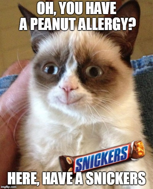 Deez Nuts | OH, YOU HAVE A PEANUT ALLERGY? HERE, HAVE A SNICKERS | image tagged in memes,grumpy cat happy,grumpy cat,snickers,y u no,caturday | made w/ Imgflip meme maker