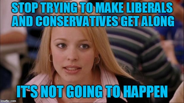 Fetch Has Happened In Rexburg | STOP TRYING TO MAKE LIBERALS AND CONSERVATIVES GET ALONG IT'S NOT GOING TO HAPPEN | image tagged in fetch has happened in rexburg | made w/ Imgflip meme maker