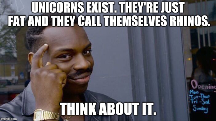 Think. Just think. | UNICORNS EXIST. THEY'RE JUST FAT AND THEY CALL THEMSELVES RHINOS. THINK ABOUT IT. | image tagged in memes,roll safe think about it | made w/ Imgflip meme maker