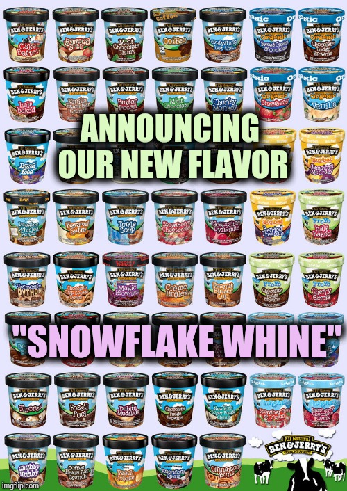 Ben and Jerry flavors | ANNOUNCING OUR NEW FLAVOR "SNOWFLAKE WHINE" | image tagged in ben and jerry flavors | made w/ Imgflip meme maker