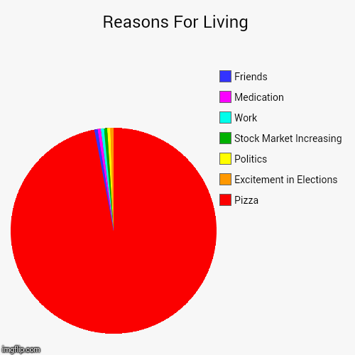 Reasons For Living | Pizza, Excitement in Elections, Politics, Stock Market Increasing, Work, Medication, Friends | image tagged in funny,pie charts | made w/ Imgflip chart maker