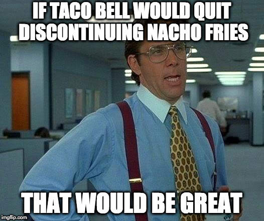 They discontinued them AGAIN?! | IF TACO BELL WOULD QUIT DISCONTINUING NACHO FRIES; THAT WOULD BE GREAT | image tagged in memes,that would be great,nacho fries | made w/ Imgflip meme maker
