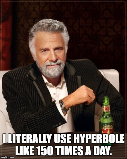 The Most Interesting Man In The World Meme | I LITERALLY USE HYPERBOLE LIKE 150 TIMES A DAY. | image tagged in memes,the most interesting man in the world | made w/ Imgflip meme maker