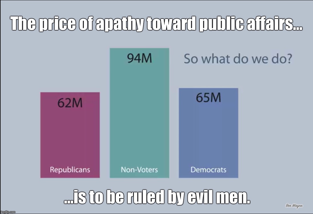 The price of apathy toward public affairs  | The price of apathy toward public affairs... ...is to be ruled by evil men. Ben Wayne | image tagged in vote | made w/ Imgflip meme maker