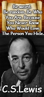 Words Of Wisdom From CS Lewis Be Weird | Be weird. Be random. Be Who You Are. Because You Never Know Who Would Love The Person You Hide. C.S.Lewis | image tagged in wisdom,bible,verse,bible verse,faith,god | made w/ Imgflip meme maker