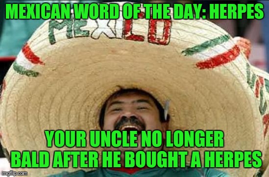 mexican word of the day | MEXICAN WORD OF THE DAY: HERPES; YOUR UNCLE NO LONGER BALD AFTER HE BOUGHT A HERPES | image tagged in mexican word of the day | made w/ Imgflip meme maker