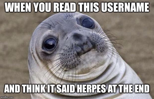 Awkward Moment Sealion Meme | WHEN YOU READ THIS USERNAME AND THINK IT SAID HERPES AT THE END | image tagged in memes,awkward moment sealion | made w/ Imgflip meme maker