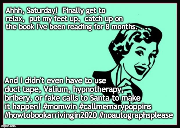 Ecard  | Ahhh, Saturday!  Finally get to relax,  put my feet up,  catch up on the book I've been reading for 8 months. . . And I didn't even have to use duct tape, Valium, hypnotherapy, bribery, or fake calls to Santa to make it happen!
#momwin #callmemarypoppins #howtobookarrivingin2020 #noautographsplease | image tagged in ecard | made w/ Imgflip meme maker