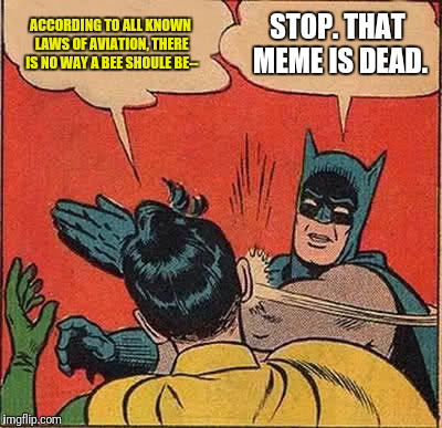 Batman Slapping Robin | ACCORDING TO ALL KNOWN LAWS OF AVIATION, THERE IS NO WAY A BEE SHOULE BE--; STOP. THAT MEME IS DEAD. | image tagged in memes,batman slapping robin | made w/ Imgflip meme maker