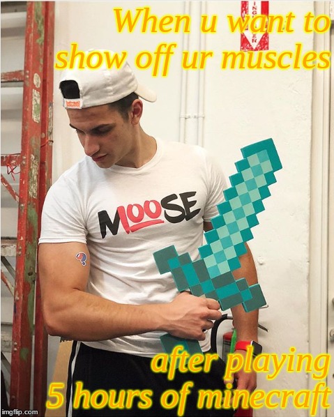 MooseCraft Memes | When u want to show off ur muscles; after playing 5 hours of minecraft | image tagged in moosecraft,minecraft | made w/ Imgflip meme maker