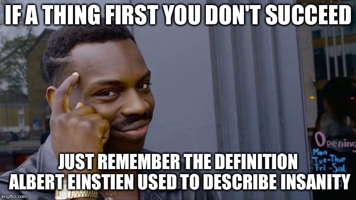Roll Safe Think About It Meme | IF A THING FIRST YOU DON'T SUCCEED; JUST REMEMBER THE DEFINITION ALBERT EINSTIEN USED TO DESCRIBE INSANITY | image tagged in memes,roll safe think about it | made w/ Imgflip meme maker