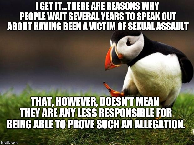Unpopular Opinion Puffin Meme | I GET IT...THERE ARE REASONS WHY PEOPLE WAIT SEVERAL YEARS TO SPEAK OUT ABOUT HAVING BEEN A VICTIM OF SEXUAL ASSAULT; THAT, HOWEVER, DOESN'T MEAN THEY ARE ANY LESS RESPONSIBLE FOR BEING ABLE TO PROVE SUCH AN ALLEGATION. | image tagged in memes,unpopular opinion puffin | made w/ Imgflip meme maker