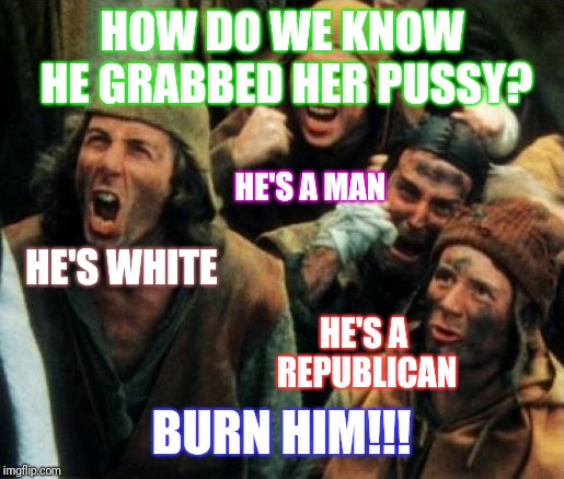 Monty Python Witch | HOW DO WE KNOW HE GRABBED HER PUSSY? BURN HIM!!! HE'S WHITE HE'S A MAN HE'S A REPUBLICAN | image tagged in monty python witch | made w/ Imgflip meme maker