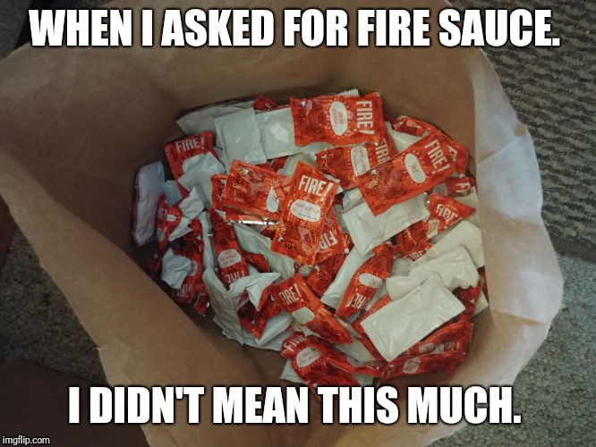 I take my Taco Bell fire sauce seriously.  But really...  | WHEN I ASKED FOR FIRE SAUCE. I DIDN'T MEAN THIS MUCH. | image tagged in too much,fire,sauce | made w/ Imgflip meme maker