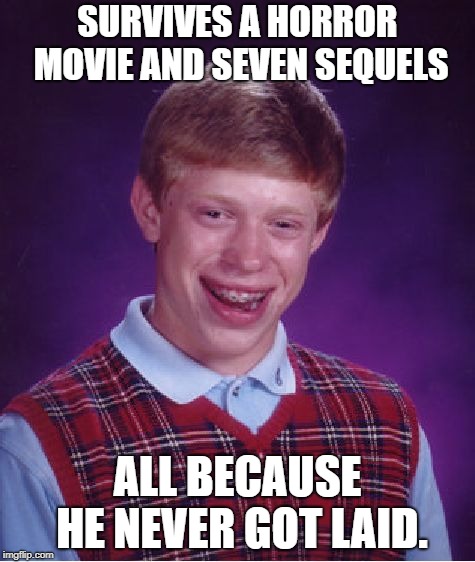 Bad Luck Brian Meme | SURVIVES A HORROR MOVIE AND SEVEN SEQUELS; ALL BECAUSE HE NEVER GOT LAID. | image tagged in memes,bad luck brian | made w/ Imgflip meme maker