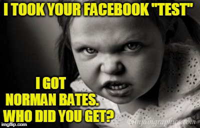 Alice Malice | I TOOK YOUR FACEBOOK "TEST"; I GOT NORMAN BATES. WHO DID YOU GET? | image tagged in alice malice,facebook,psycho | made w/ Imgflip meme maker