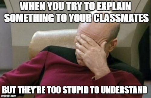Captain Picard Facepalm Meme | WHEN YOU TRY TO EXPLAIN SOMETHING TO YOUR CLASSMATES; BUT THEY'RE TOO STUPID TO UNDERSTAND | image tagged in memes,captain picard facepalm | made w/ Imgflip meme maker