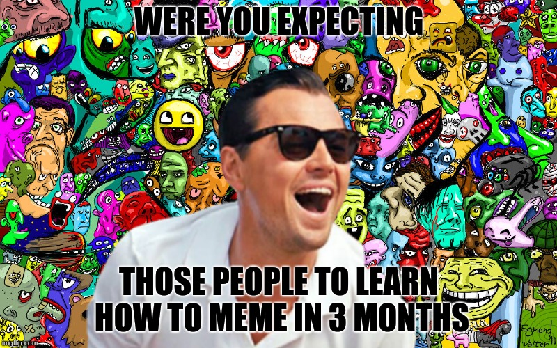 leo ha! | WERE YOU EXPECTING THOSE PEOPLE TO LEARN HOW TO MEME IN 3 MONTHS | image tagged in leo ha | made w/ Imgflip meme maker
