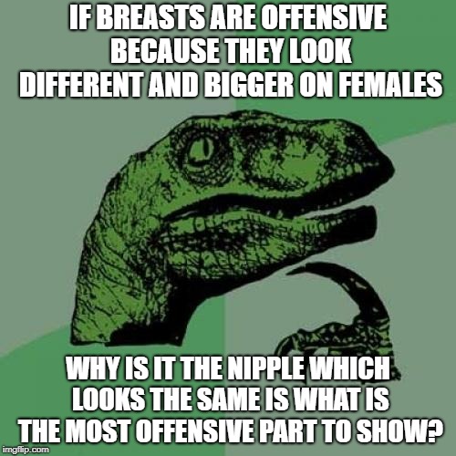 Philosoraptor Meme | IF BREASTS ARE OFFENSIVE BECAUSE THEY LOOK DIFFERENT AND BIGGER ON FEMALES; WHY IS IT THE NIPPLE WHICH LOOKS THE SAME IS WHAT IS THE MOST OFFENSIVE PART TO SHOW? | image tagged in memes,philosoraptor | made w/ Imgflip meme maker