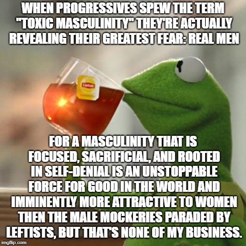 Stand Tall Guys, You'll Outlast The Phonies | WHEN PROGRESSIVES SPEW THE TERM "TOXIC MASCULINITY" THEY'RE ACTUALLY REVEALING THEIR GREATEST FEAR: REAL MEN; FOR A MASCULINITY THAT IS FOCUSED, SACRIFICIAL, AND ROOTED IN SELF-DENIAL IS AN UNSTOPPABLE FORCE FOR GOOD IN THE WORLD AND IMMINENTLY MORE ATTRACTIVE TO WOMEN THEN THE MALE MOCKERIES PARADED BY LEFTISTS, BUT THAT'S NONE OF MY BUSINESS. | image tagged in memes,but thats none of my business,kermit the frog | made w/ Imgflip meme maker