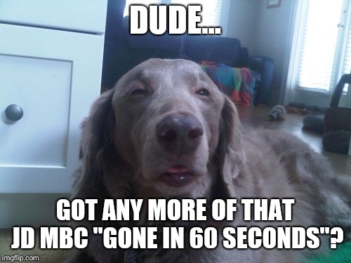 High Dog | DUDE... GOT ANY MORE OF THAT JD MBC "GONE IN 60 SECONDS"? | image tagged in memes,high dog | made w/ Imgflip meme maker