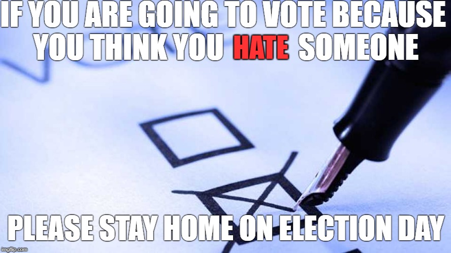 IF YOU ARE GOING TO VOTE BECAUSE YOU THINK YOU             SOMEONE; HATE; PLEASE STAY HOME ON ELECTION DAY | image tagged in vote,let me vote 2018,don't hate,hate,ugly politics sucks | made w/ Imgflip meme maker