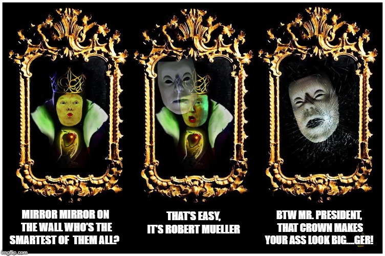 MIRROR OF TRUTHINESS... | MIRROR MIRROR ON THE WALL
WHO’S THE SMARTEST OF
 THEM ALL? THAT’S EASY,
 IT’S ROBERT MUELLER; BTW MR. PRESIDENT, THAT CROWN MAKES YOUR ASS LOOK BIG….GER! | image tagged in president trump,mirror mirror,political meme,political humor,insanity | made w/ Imgflip meme maker
