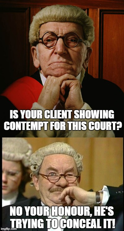 IS YOUR CLIENT SHOWING CONTEMPT FOR THIS COURT? NO YOUR HONOUR, HE'S TRYING TO CONCEAL IT! | made w/ Imgflip meme maker