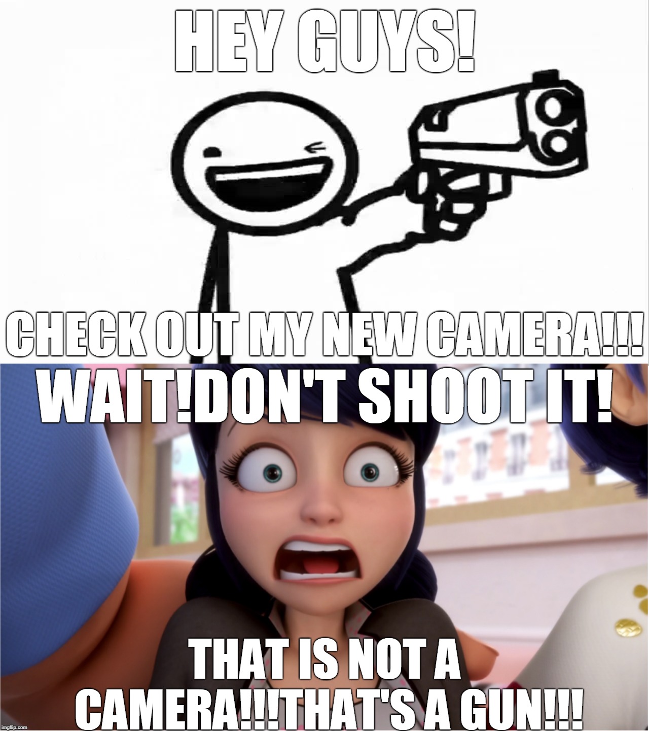 That's Not A Camera!That's A Gun! | HEY GUYS! CHECK OUT MY NEW CAMERA!!! WAIT!DON'T SHOOT IT! THAT IS NOT A CAMERA!!!THAT'S A GUN!!! | image tagged in asdfmovie,memes,miraculous ladybug | made w/ Imgflip meme maker