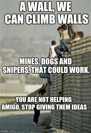 Mexicans on wall | A WALL, WE CAN CLIMB WALLS; MINES, DOGS AND SNIPERS, THAT COULD WORK. YOU ARE NOT HELPING AMIGO, STOP GIVING THEM IDEAS | image tagged in mexicans on wall | made w/ Imgflip meme maker